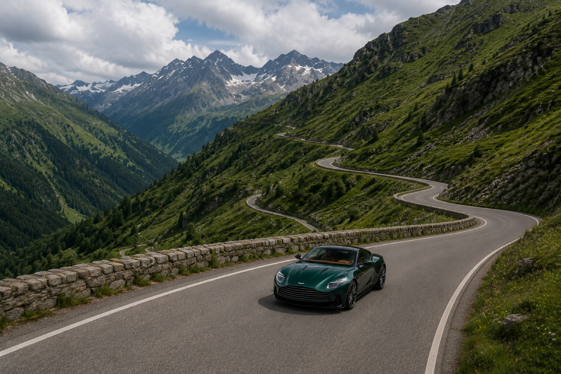 Aston Martin on a winding alpine pass road — Italian Alps