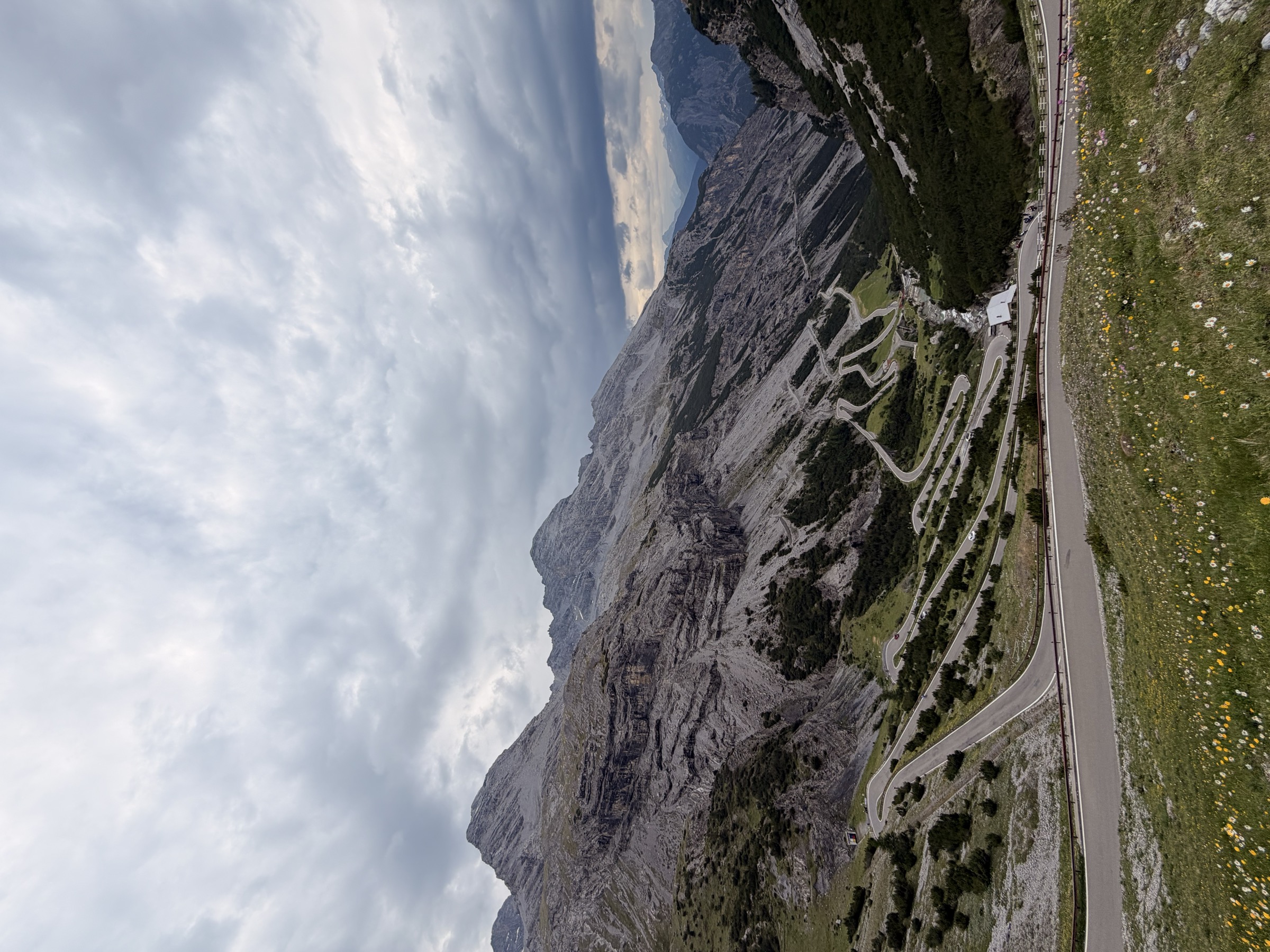 The classic sequence of Stelvio Pass hairpins seen from above