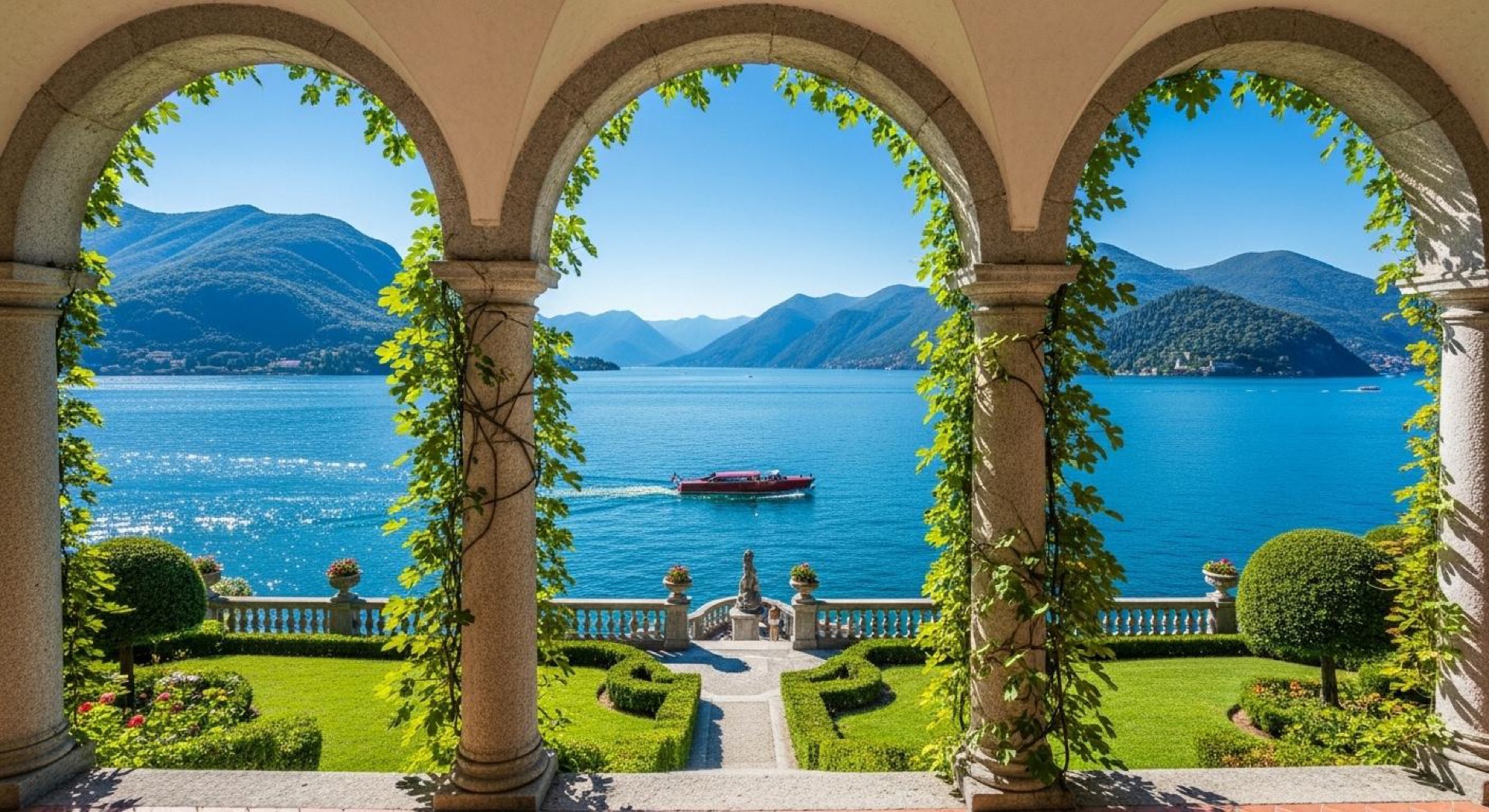 Villa del Balbianello loggia with arched columns overlooking Lake Como