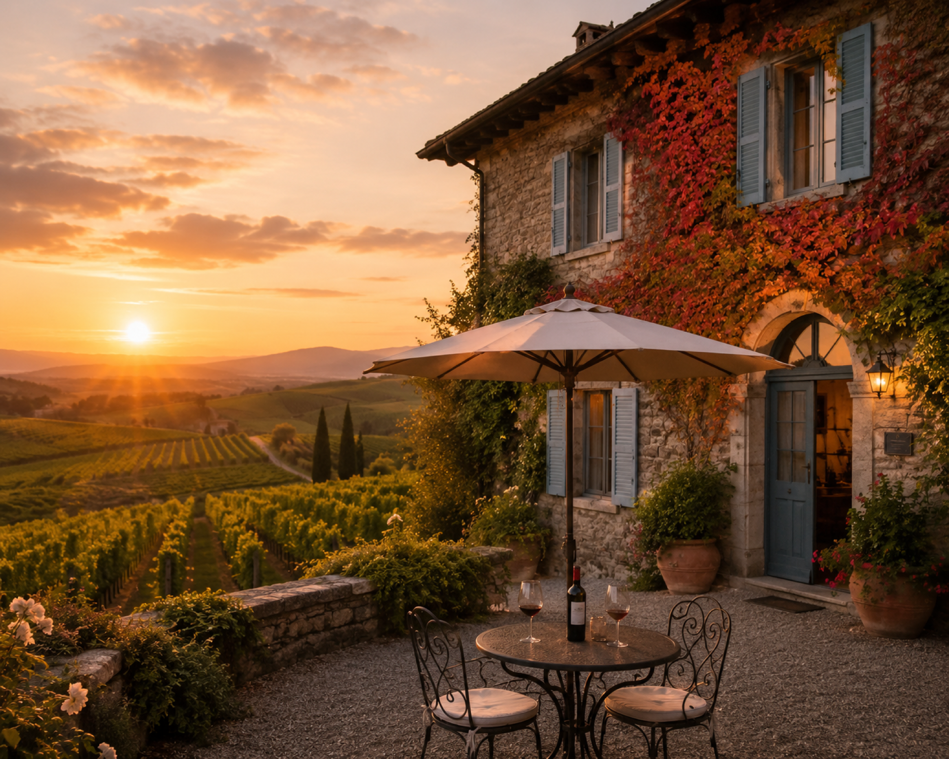Franciacorta winery terrace at golden hour — vineyard estate, Lombardy